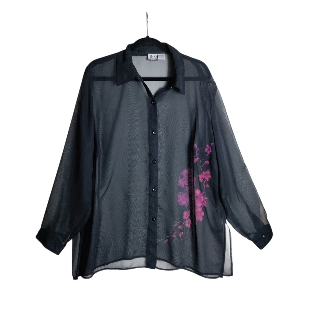 JM Collection Woman‎ Black Sheer Floral Button Down Blouse Purple Flower 2X